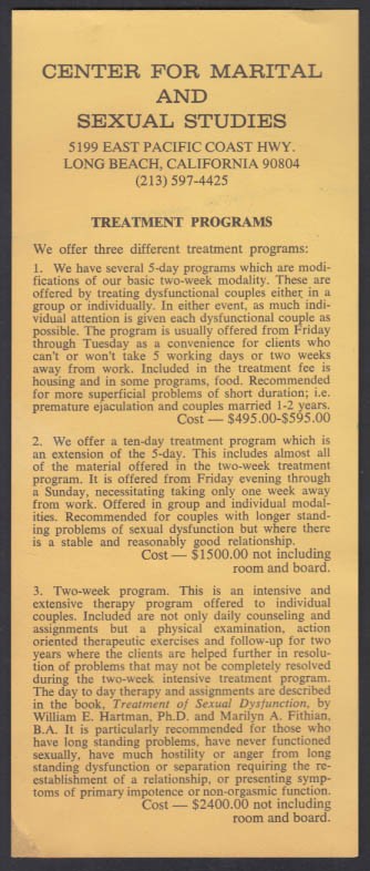 Center for Marital & Sexual Studies Treatment Programs flyer 1970s Long Beach CA