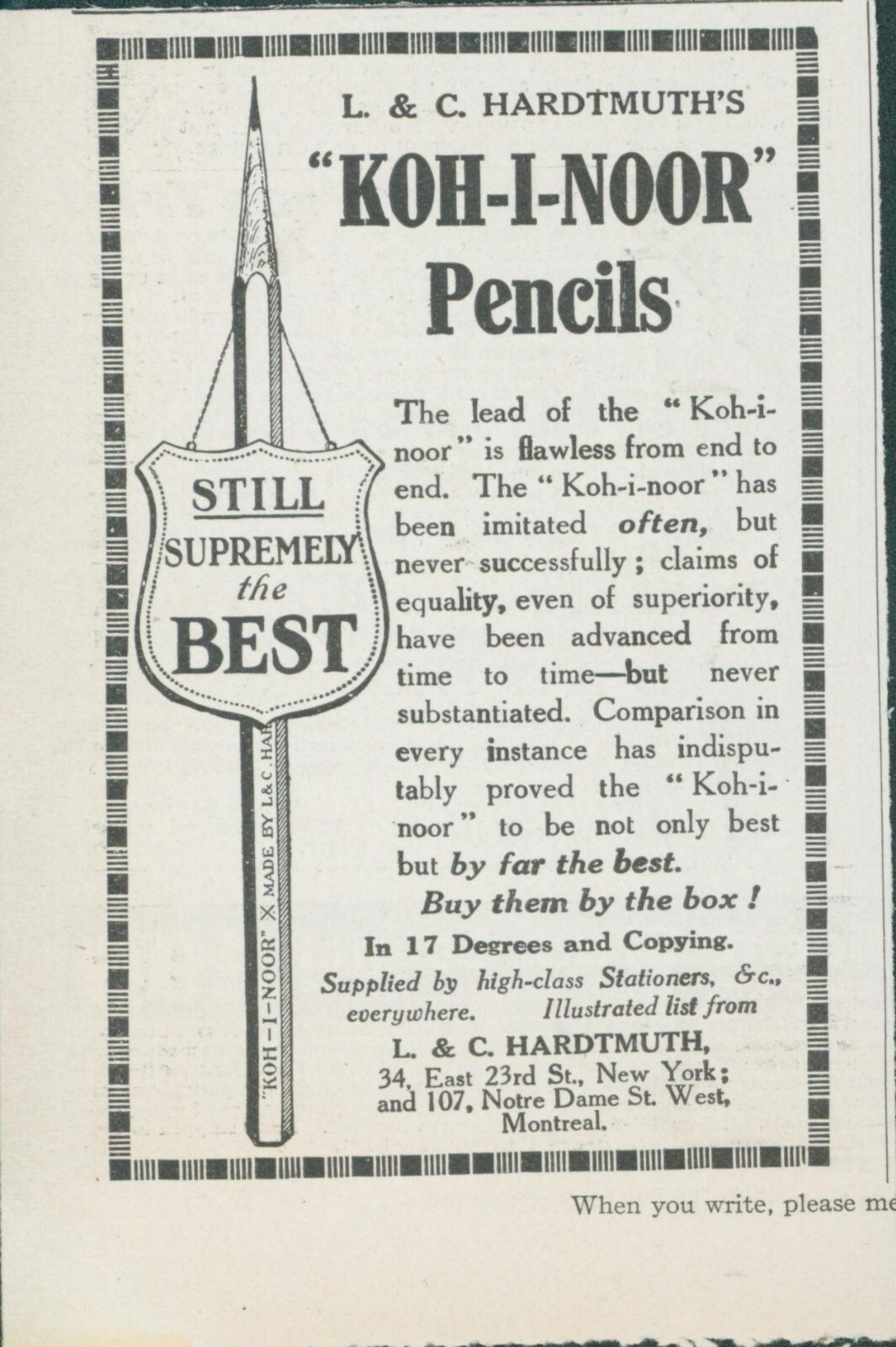 1914 Koh I Noor Pencils L & C Hardtmuth Supremely The Best Vtg Print Ad CO3