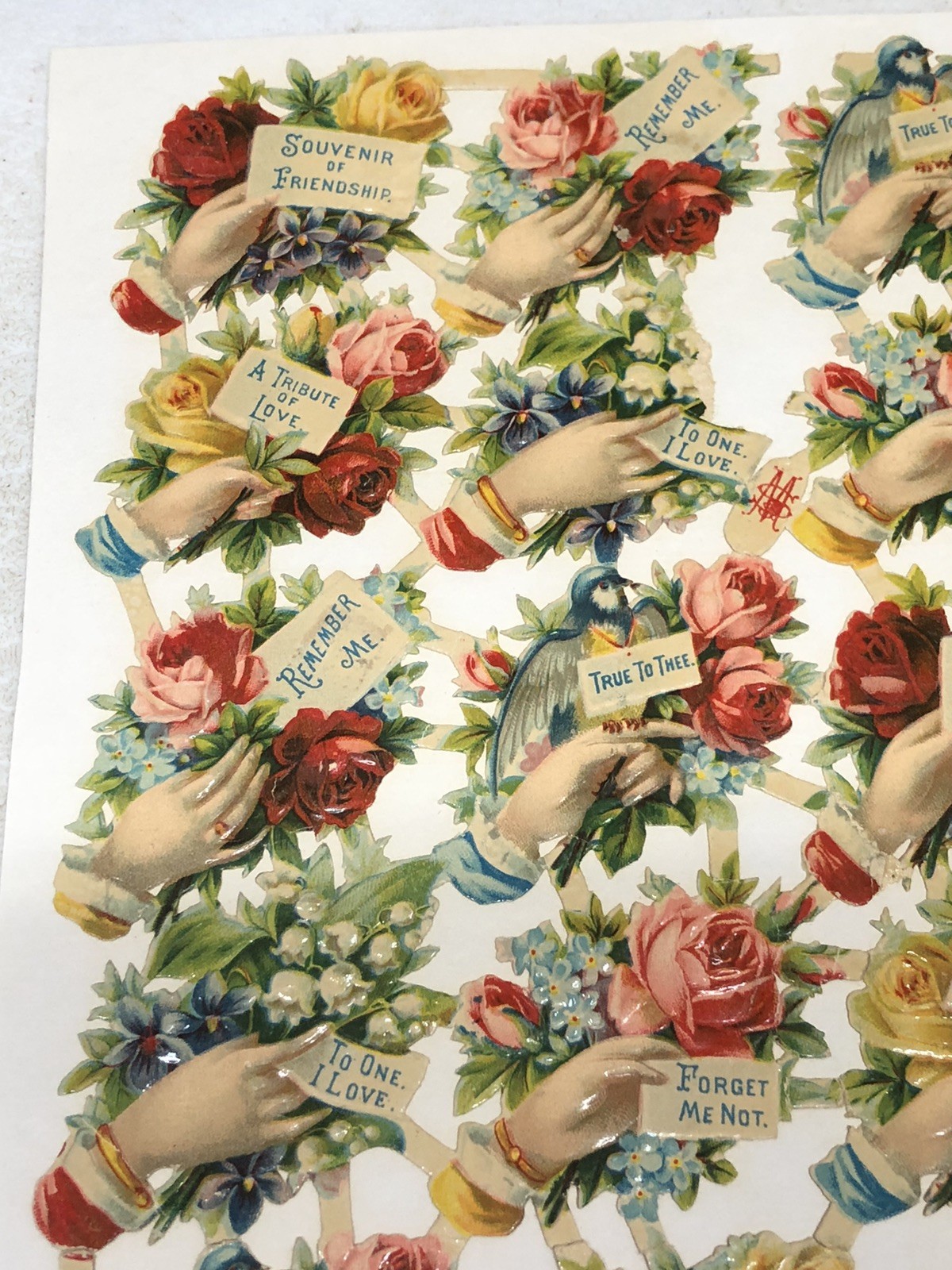 Victorian Die Cut M&S #2563 Floral Hand w/ Nice Message Scrap glued on Paper L12