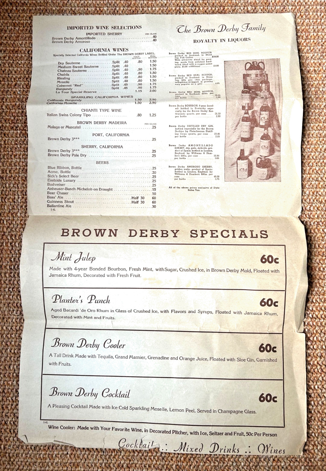 Vintage 1941 Original Menu THE BROWN DERBY 1628 N Vine St. Hollywood CA