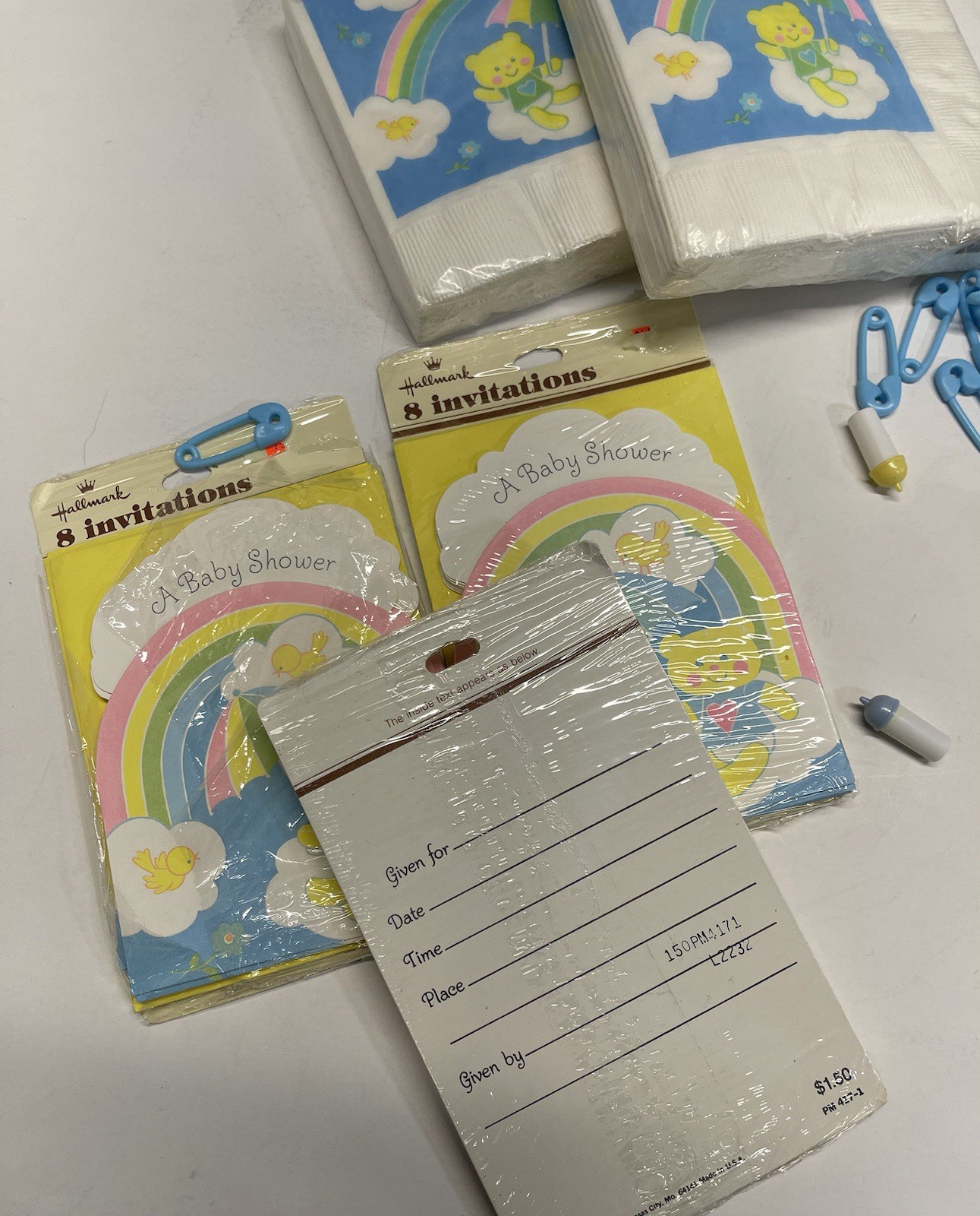 VTG Baby Shower Paper Invitations Napkins Rainbow Bear Plastic Bottles Pin Decor