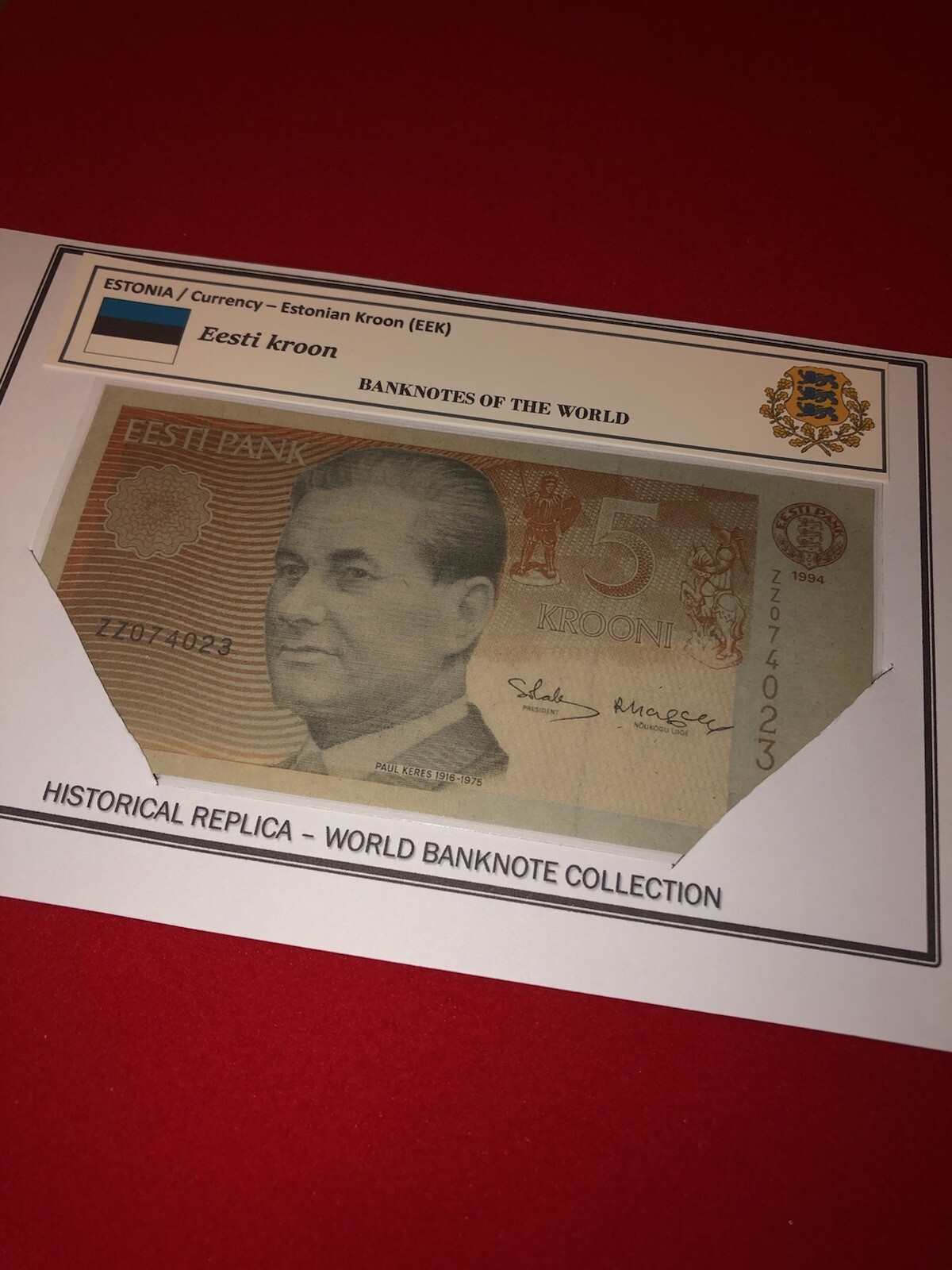 ESTONIA / LAMMINATED HISTORICAL REPLICA SOUVENIR NOTE PRINT