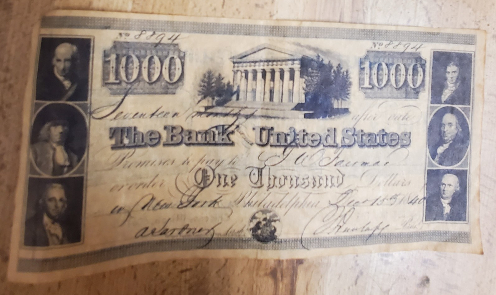 Vintage Labor Advertisement Reproduction 1840 $1000 bill Bank United States
