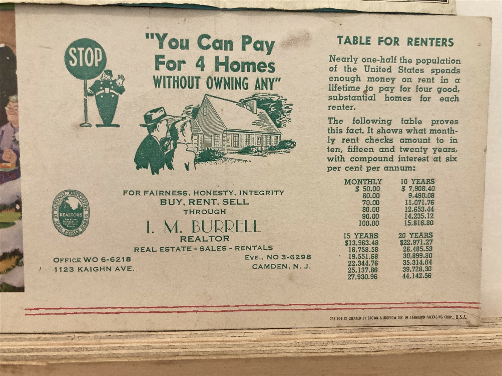 1940’s 1950’s I.M. Burrell Realtor Advertising Card Camden New Jersey NJ Vtg