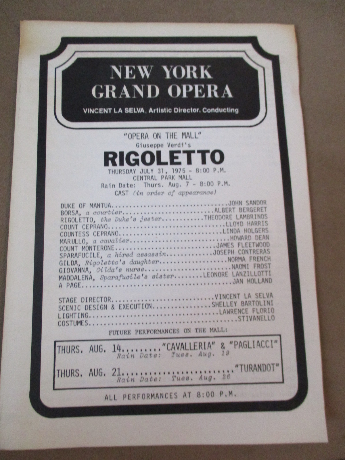 LOT OF 3 – NEW YORK GRAND OPERA – OPERA ON THE MALL CENTRAL PARK PROGRAMS 1975
