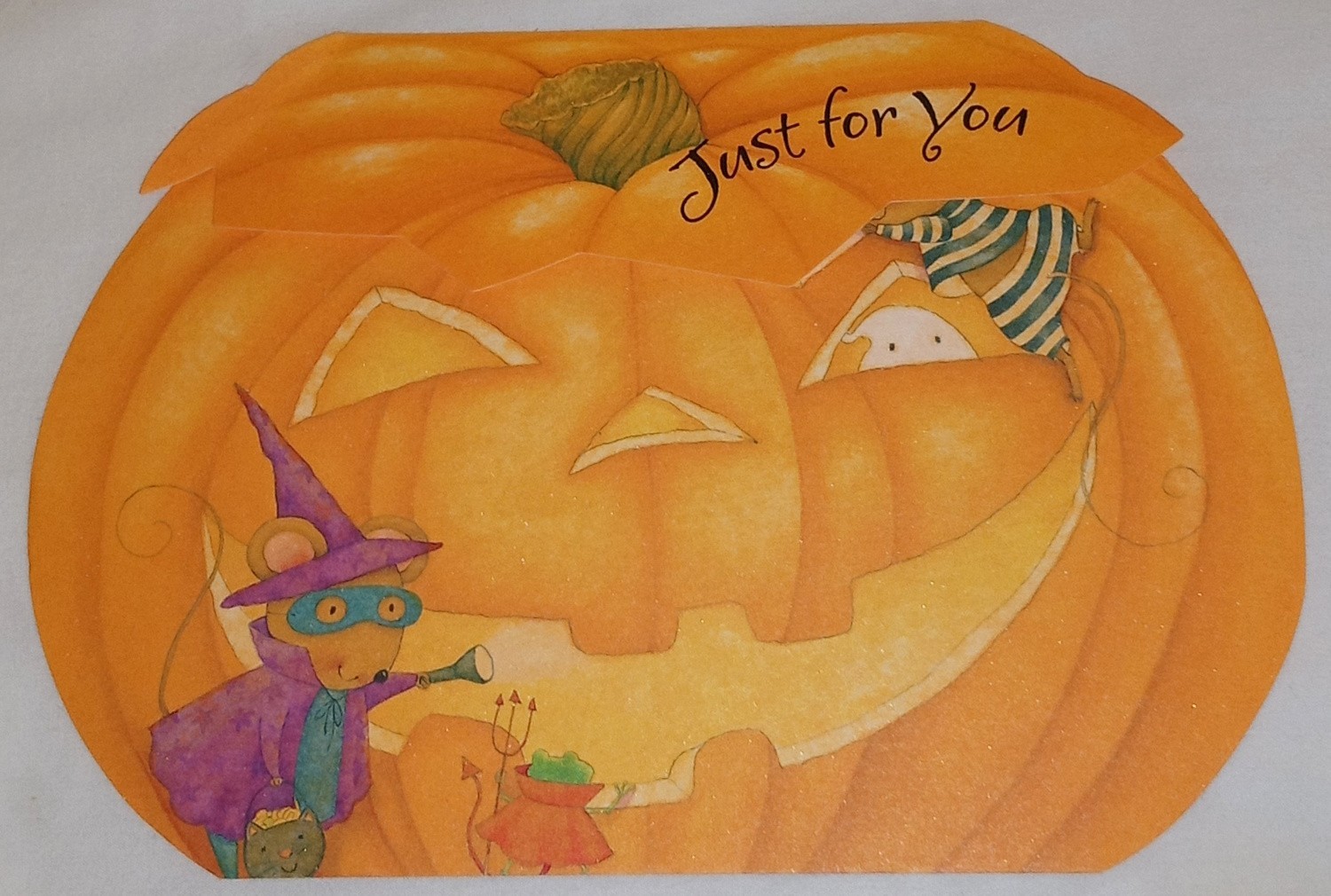 Halloween card, adorable mice in costume roasting marshmallows, 5″ used