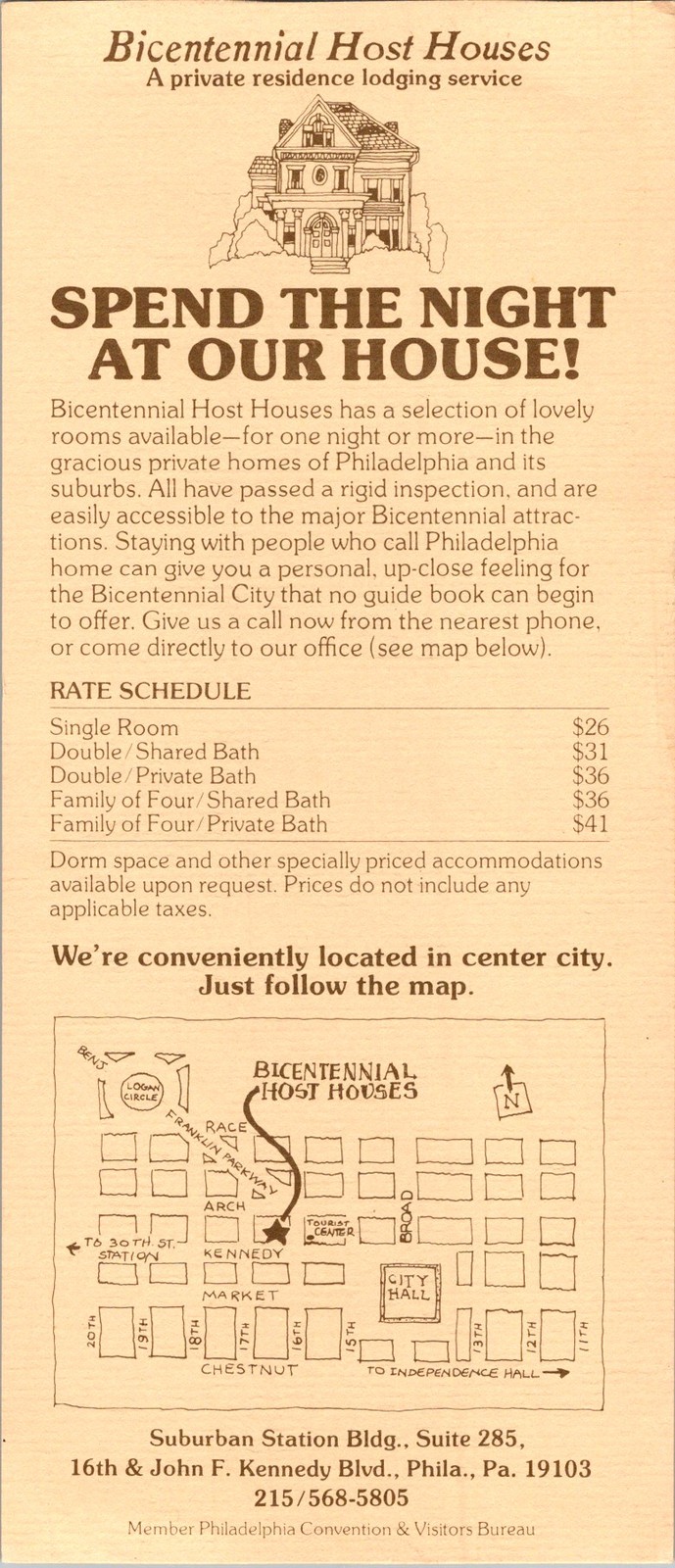1976 Bicentennial Host Houses Brochure Phila Lodging Rates Map Private Home
