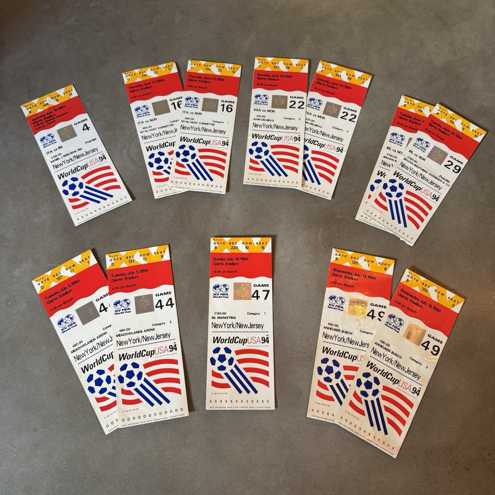 Vtg World Cup 1994 USA Tickets NY NJ Giants Stadium Game 4, 16, 22, 29, 44, 49