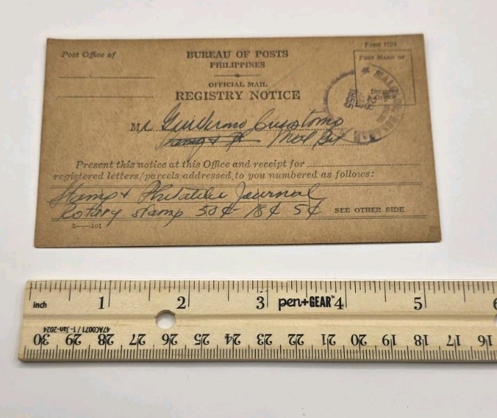 1955 Philippines Bureau Of Post Registry Notice Card.Vintage.