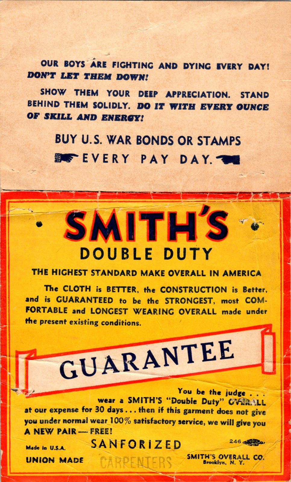 Smiths Double Duty Overall WW2 War Bonds Ad Union Made 1940s Tag SANFORIZED