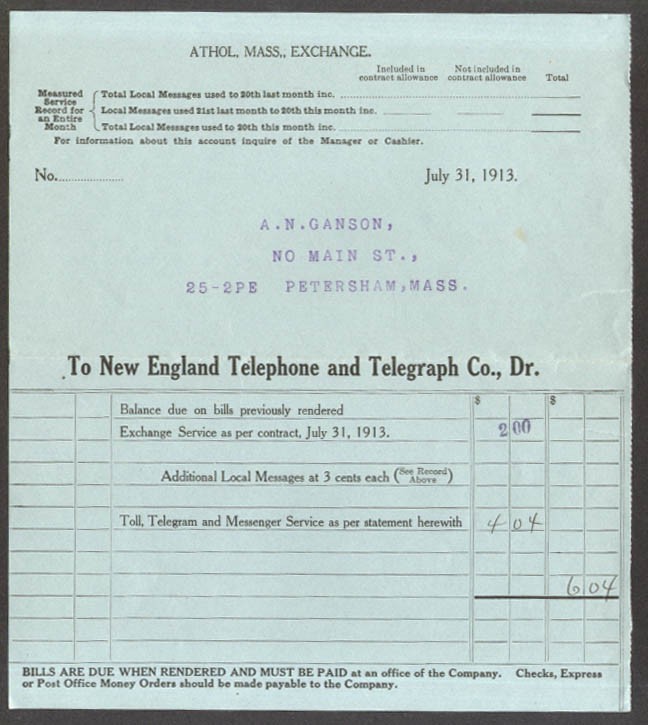 New England Telephone & Telegraph telephone bill 7/31 1913 Athol MA