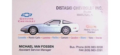 1990s Distasio Chevrolet Corvette Camaro Blazer Dealer NJ Business Card