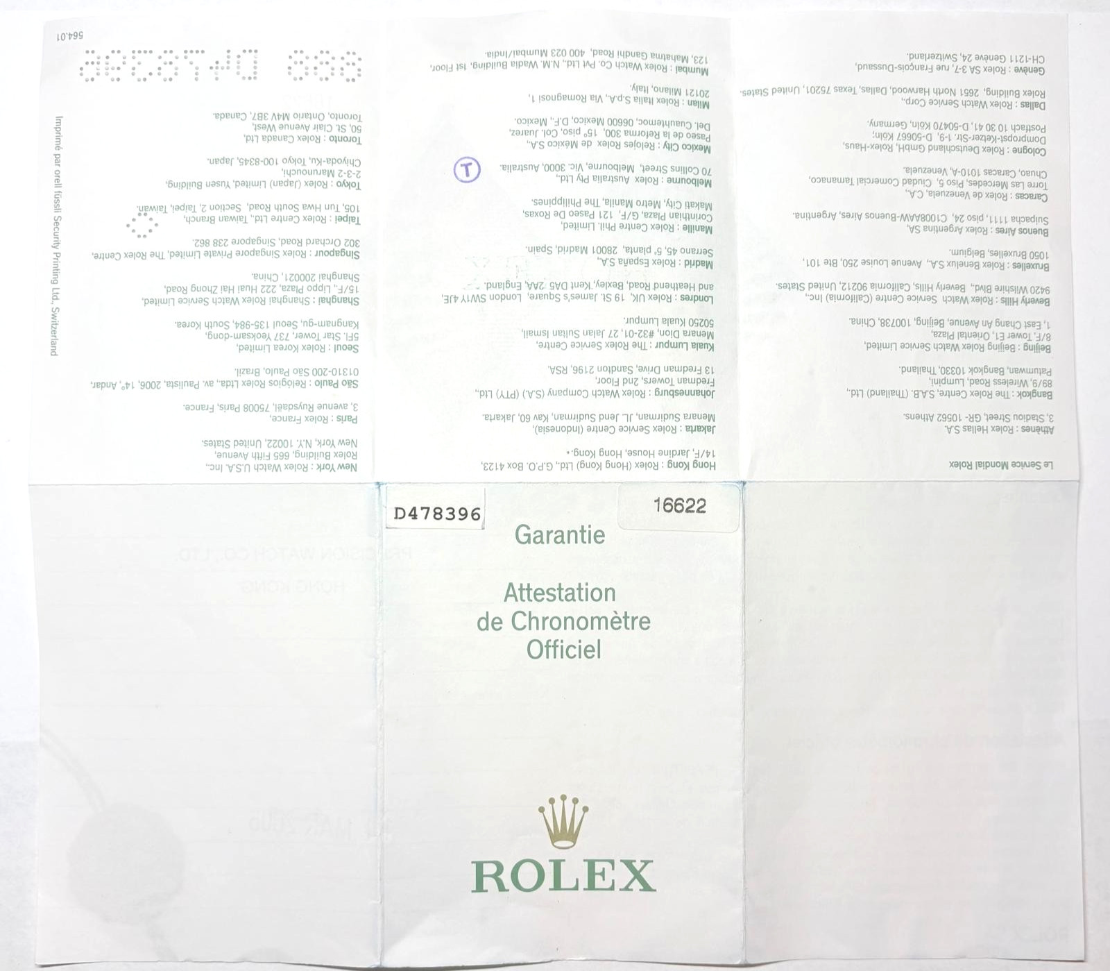 OEM Rolex 16622 Yacht-Master Warranty Certificate Guarantee 2000s D Serial Cert
