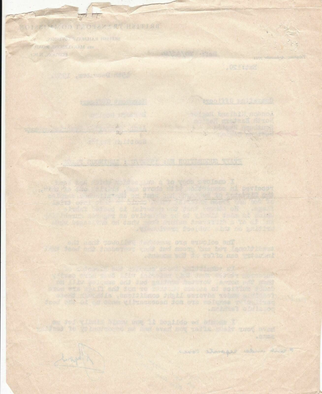 British Transport Commission 1959 Staff Suggest Luminous Flags Letter Ref 37325