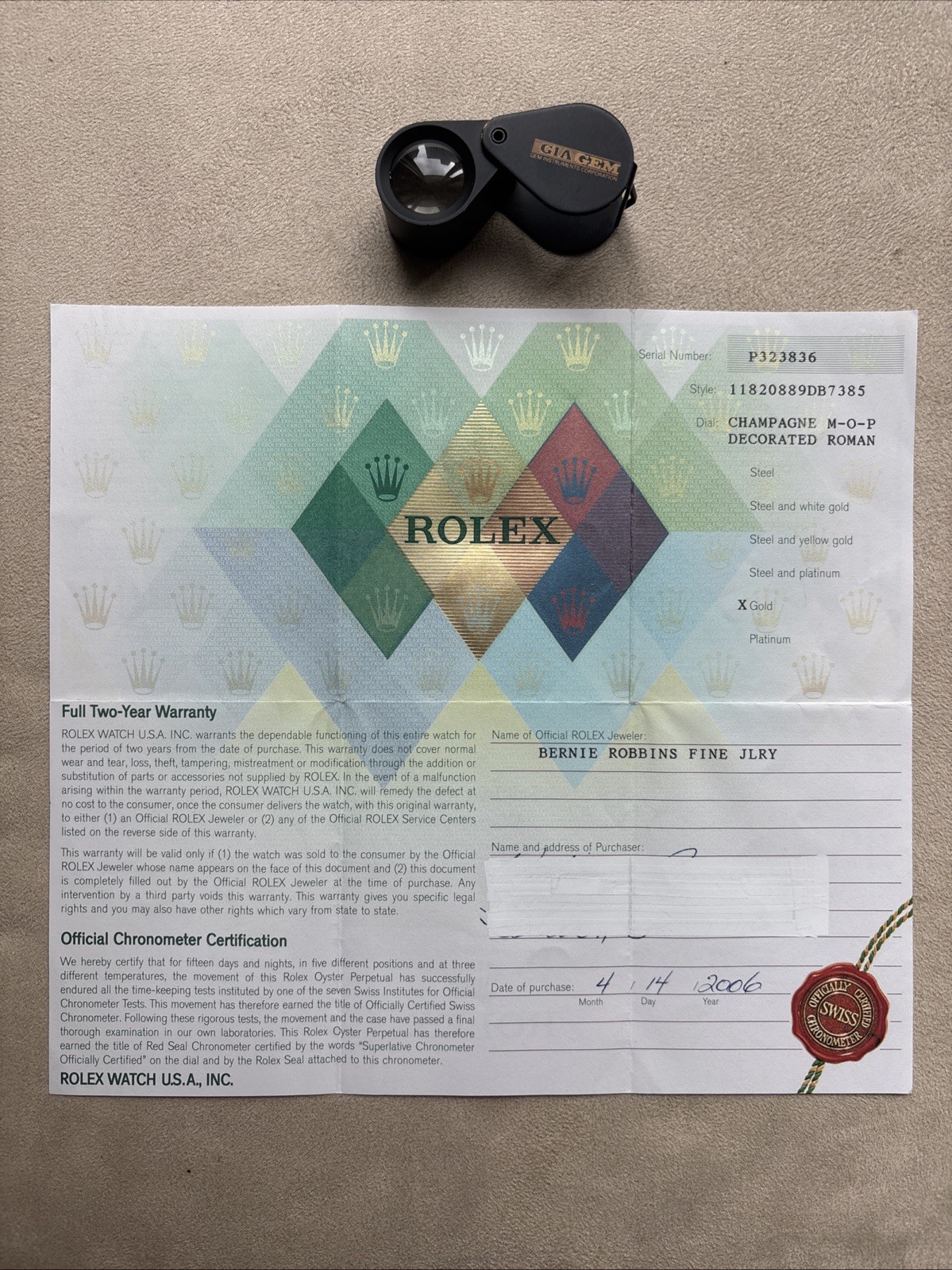 Vintage Collectible Rolex Paperwork – C. 2006 – Ref 118208 18k YG Day-Date Watch
