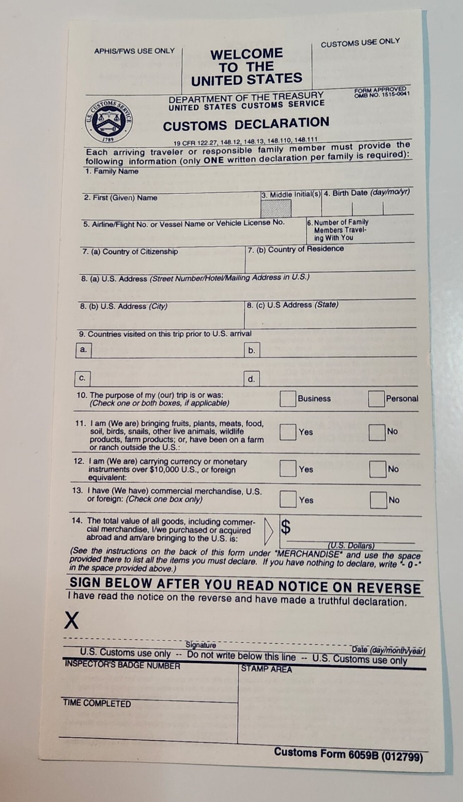 UNITED STATES 🇺🇲 ONE UNUSED CUSTOMS DECLARATION FORM 6059B CIRCA EARLY 2000’s