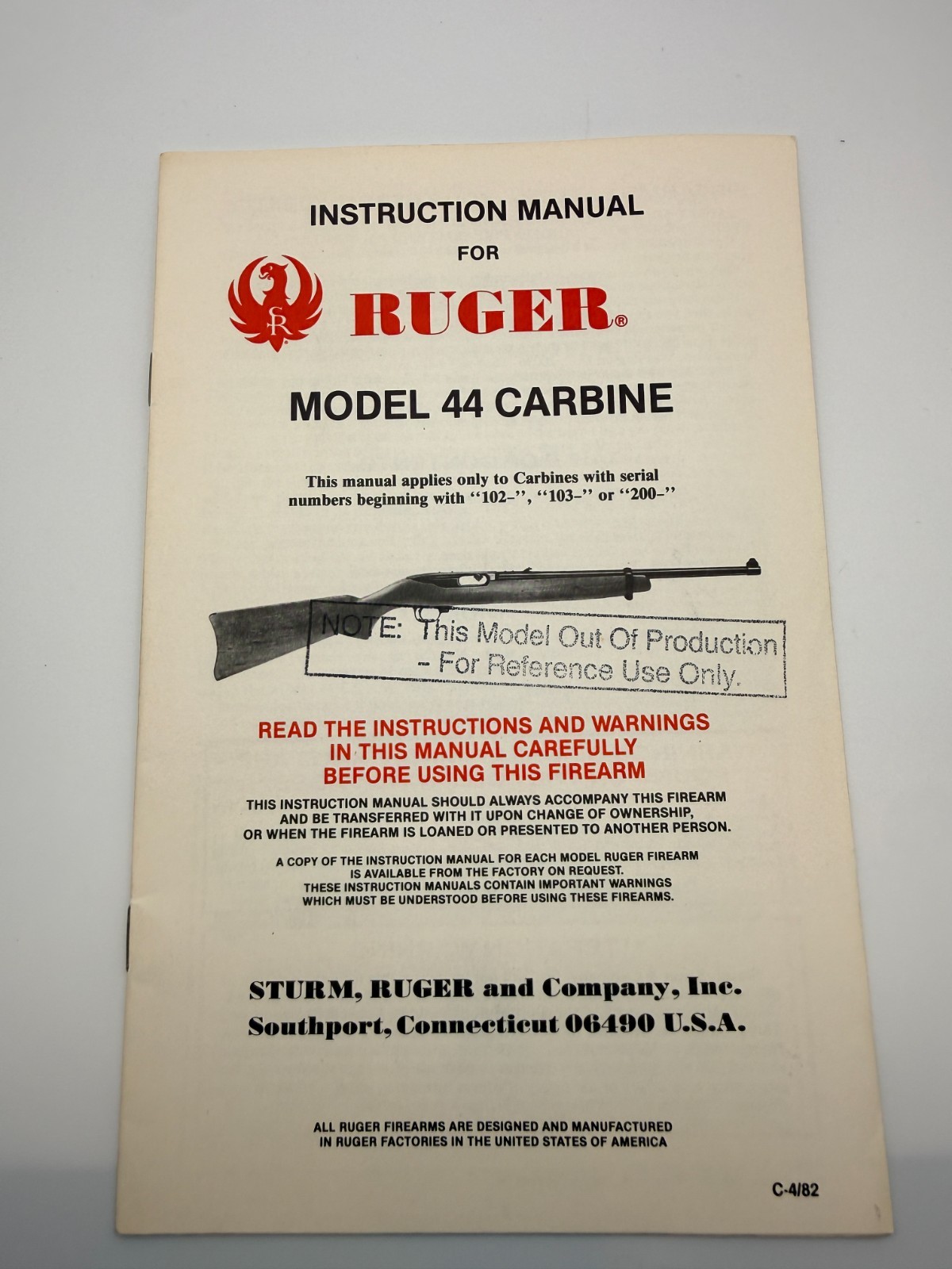Ruger Model 44 Carbine Rifle Instruction Manual 1982 Original SN# 102-103 or 200