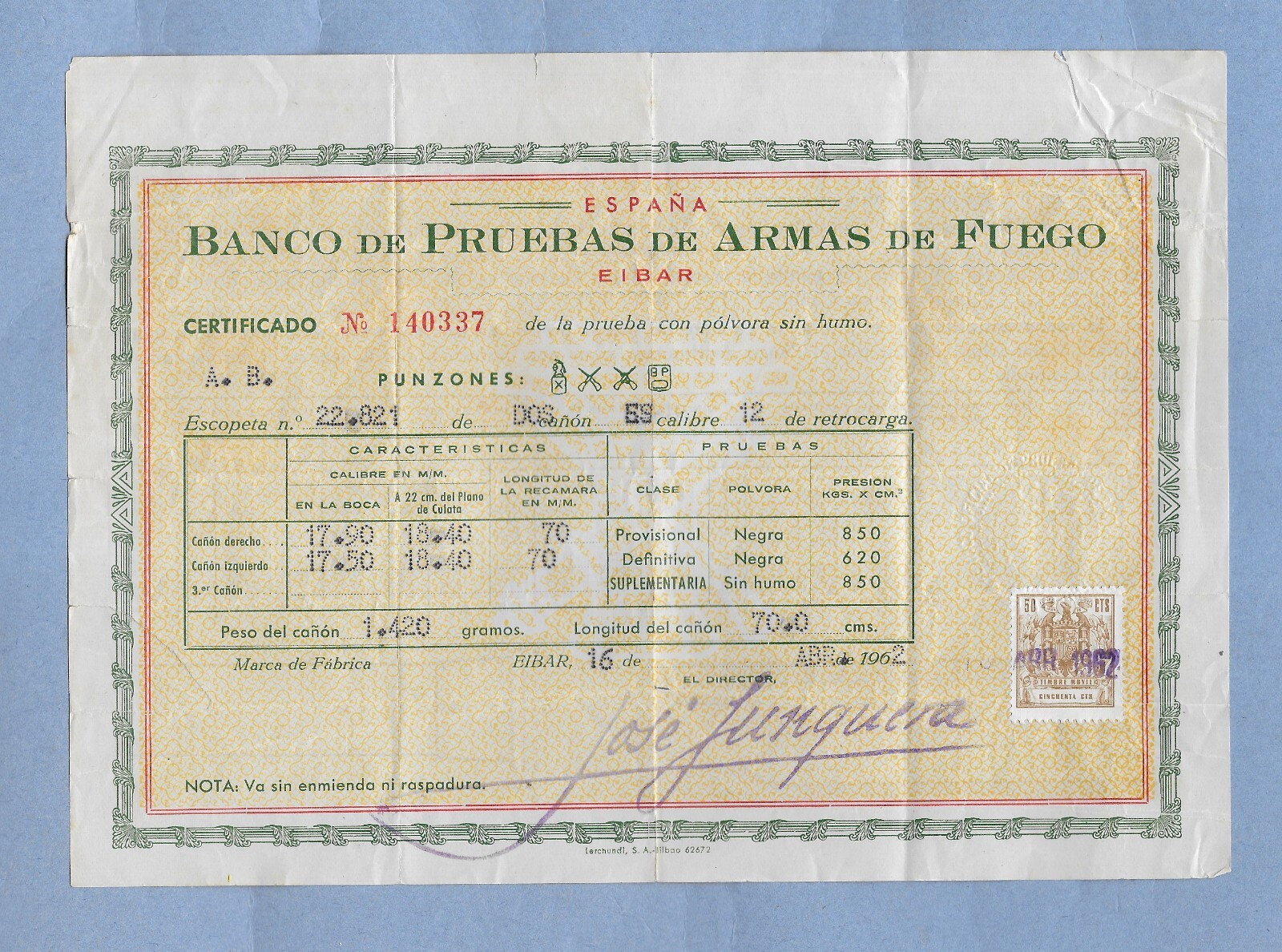 1962 SPAIN FIREARMS TESTING BENCH BANCO STOCK CERT WITH STAMP 12g 6″ x 8 1/4″