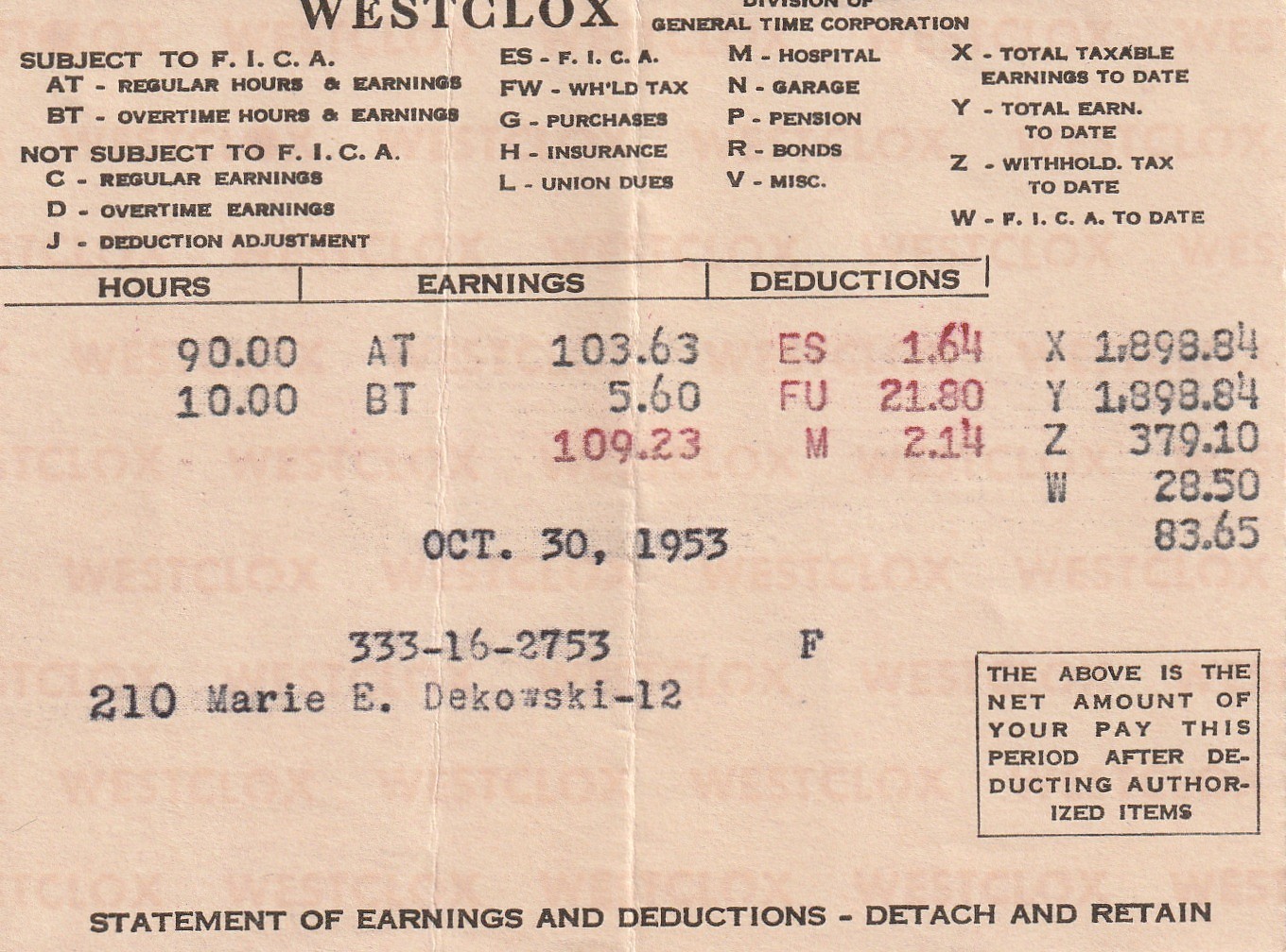 1953 WESTCOX PAY STUB – GENERAL TIME CORPORATION