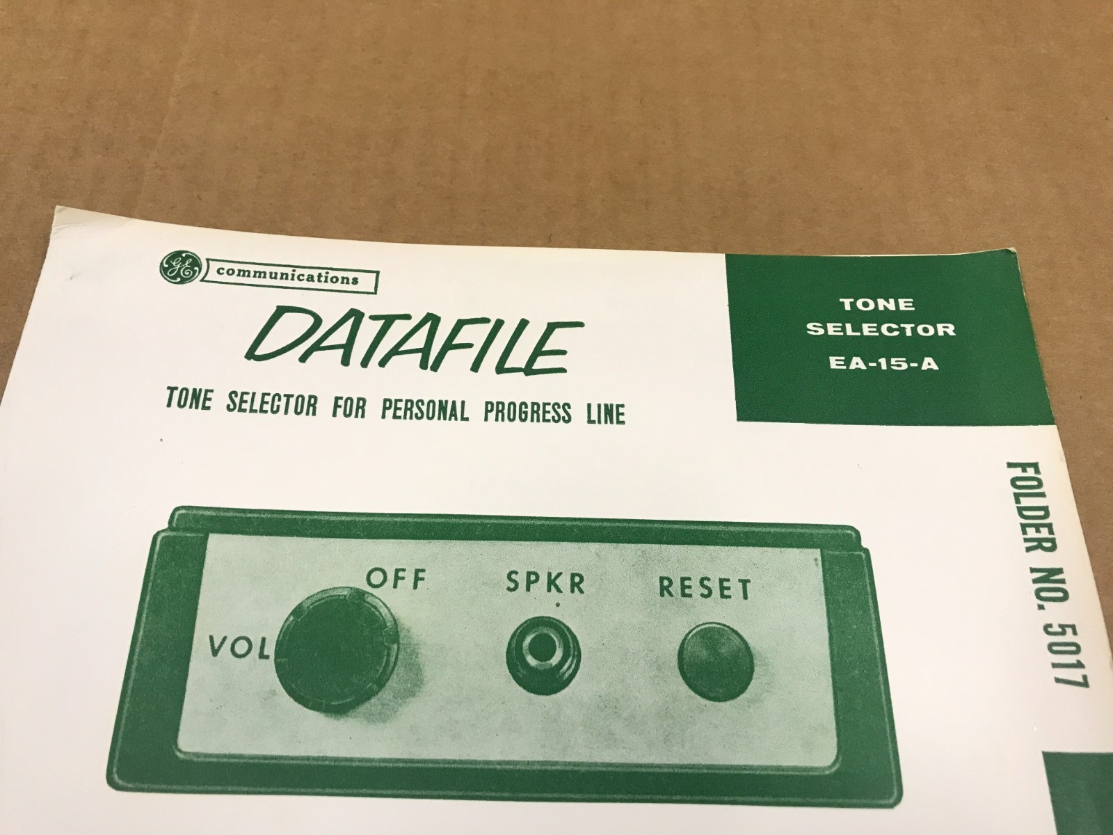 VTG GE Datafile Tone Selector EA-15-A For Personal Progress Line – Folder 5017