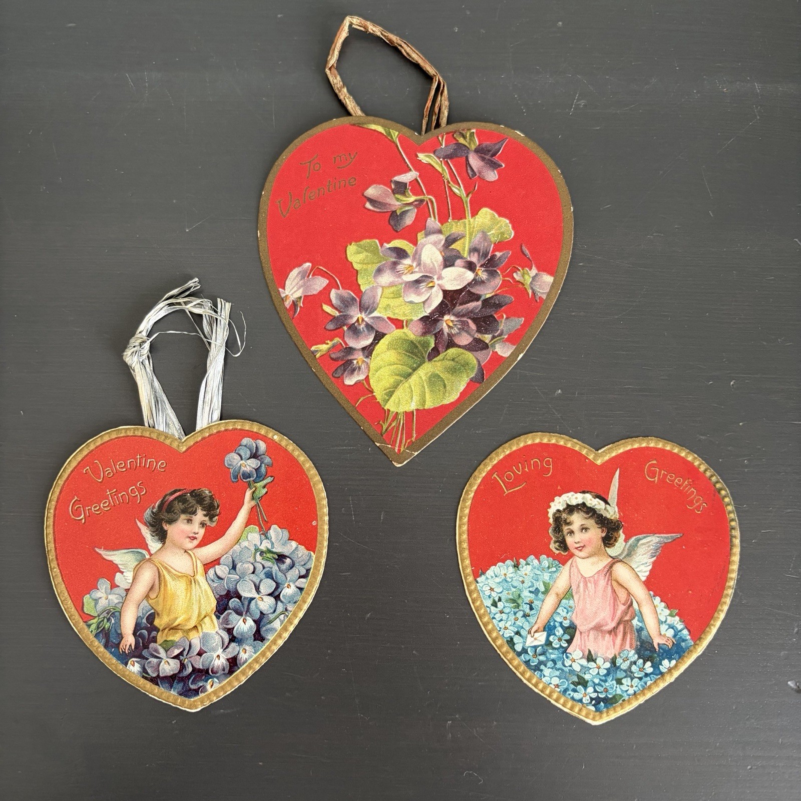 Antique Tuck & Sons Valentine Cards Heart Shape w Cupid Printed in Germany 3 Lot