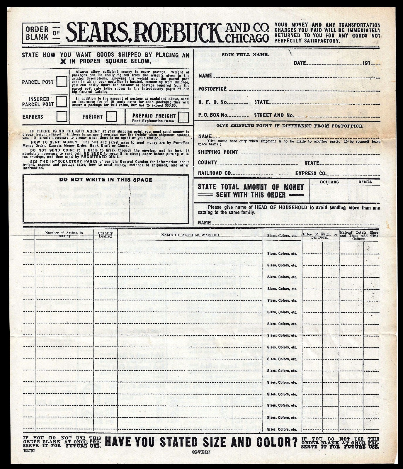 Order Blank of SEARS, ROEBUCK and Co. Chicago. 1910 (BI#PHIL)