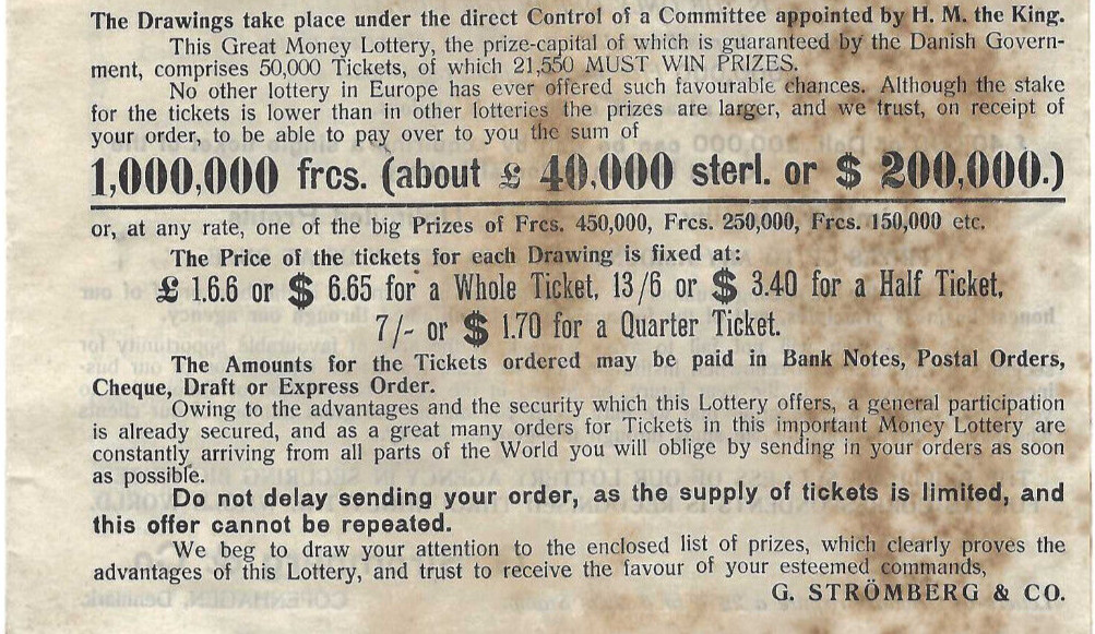 VTG 1914 ‘GREAT DANISH COLONIAL MONEY LOTTERY’ ADVERTISING BROCHURE~WIN $200,000