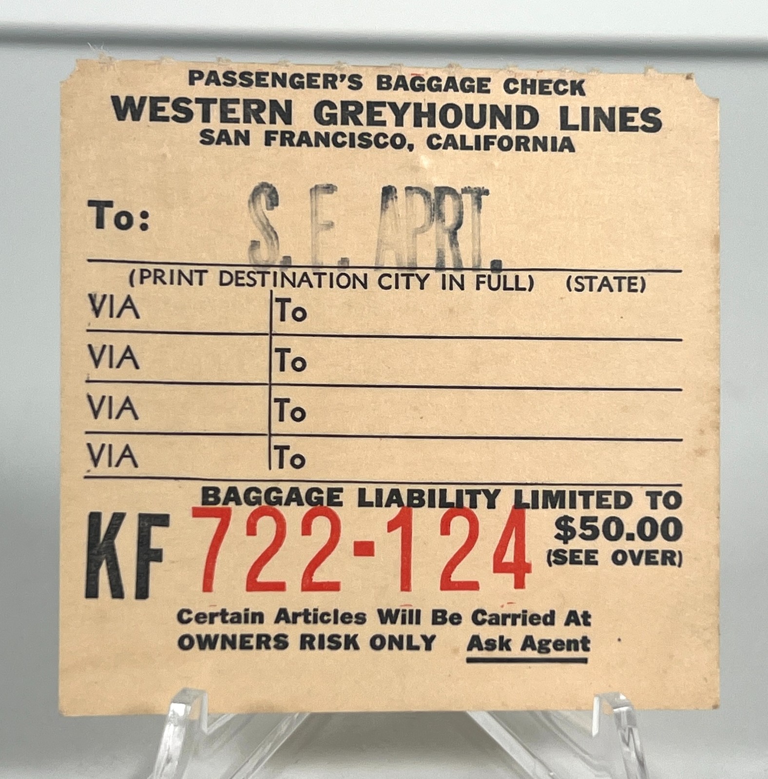 Vtg 1950s San Fran California Greyhound Bus Lines Baggage Check Receipt Travel