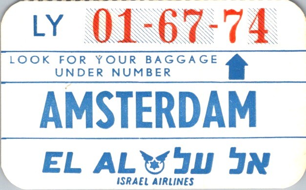 1974 El Al Israel Airlines Baggage Tag Amsterdam Warsaw Convention Hebrew LY