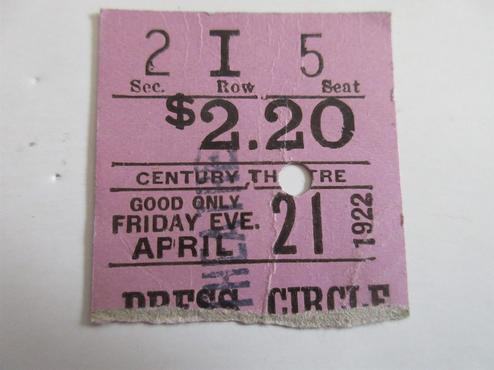 1922 April 21 CENTURY THEATER ticket stub New York City