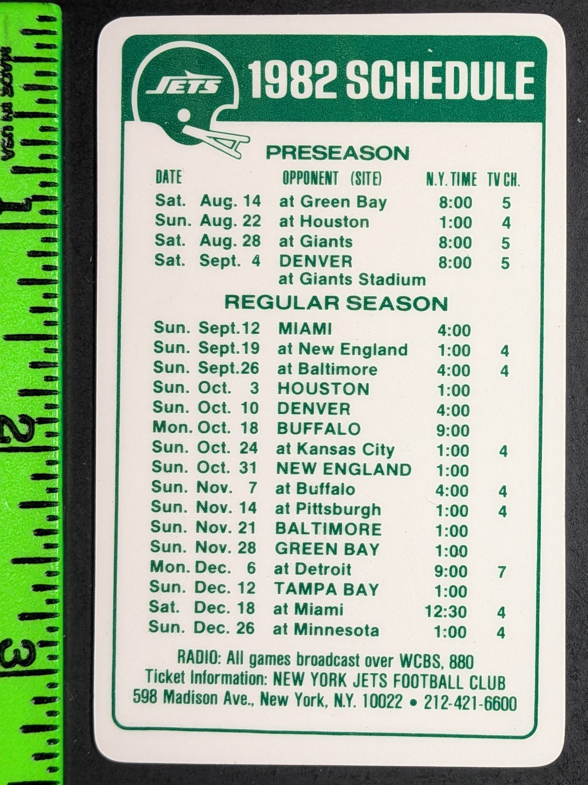 New York Jets 1982 Football Plastic Pocket Schedule