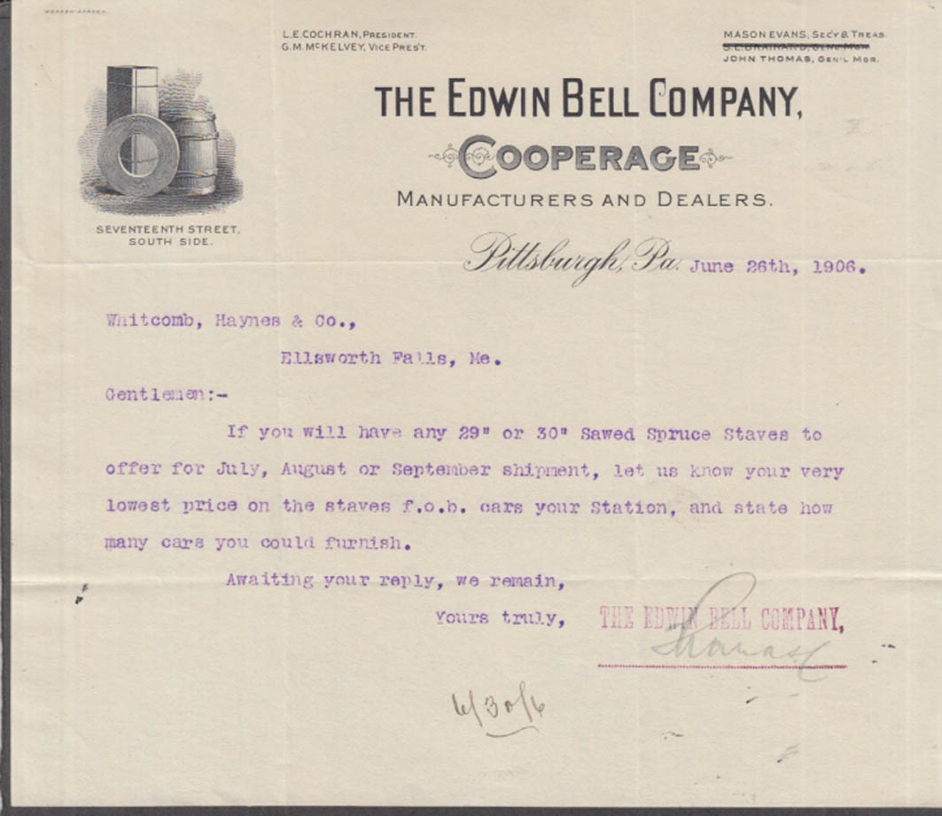 Edwin Bell Cooperage Pittsburgh PA RR business letter 6/26 1906