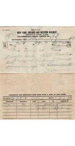 1943 NYO & W Railway Telegraphic Train Order TD11 Woodbridge Summerville