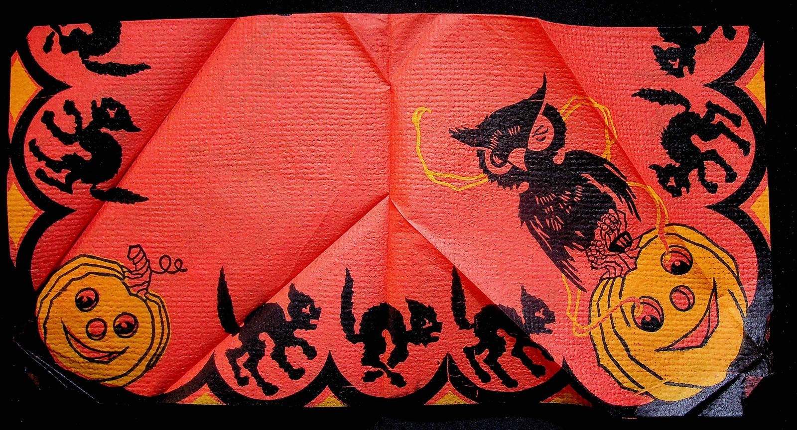 Halloween Crepe Paper Napkin JOL Black Cat Owl Jack O Lantern 1930s