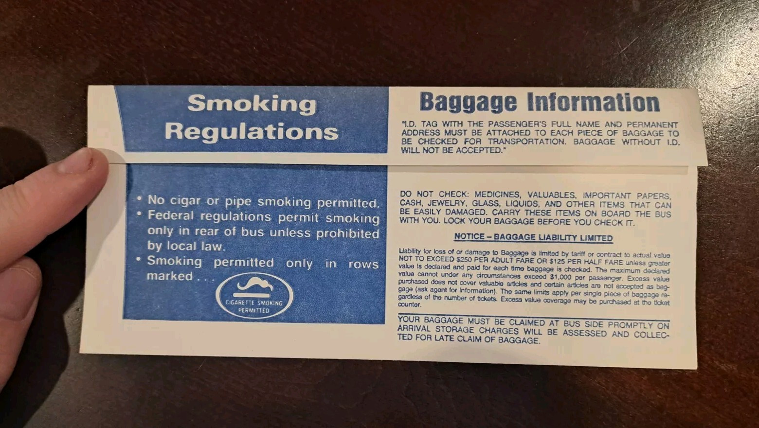 1983 Greyhound Bus Lines Ticket Envelope with Smoking Regulations allowing It