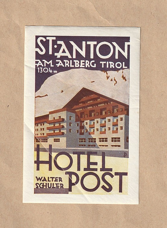 HOTEL POST. St. ANTON am ARLBERG LUGGAGE LABEL ORIGINAL circa 1940. 11 x 7 cms