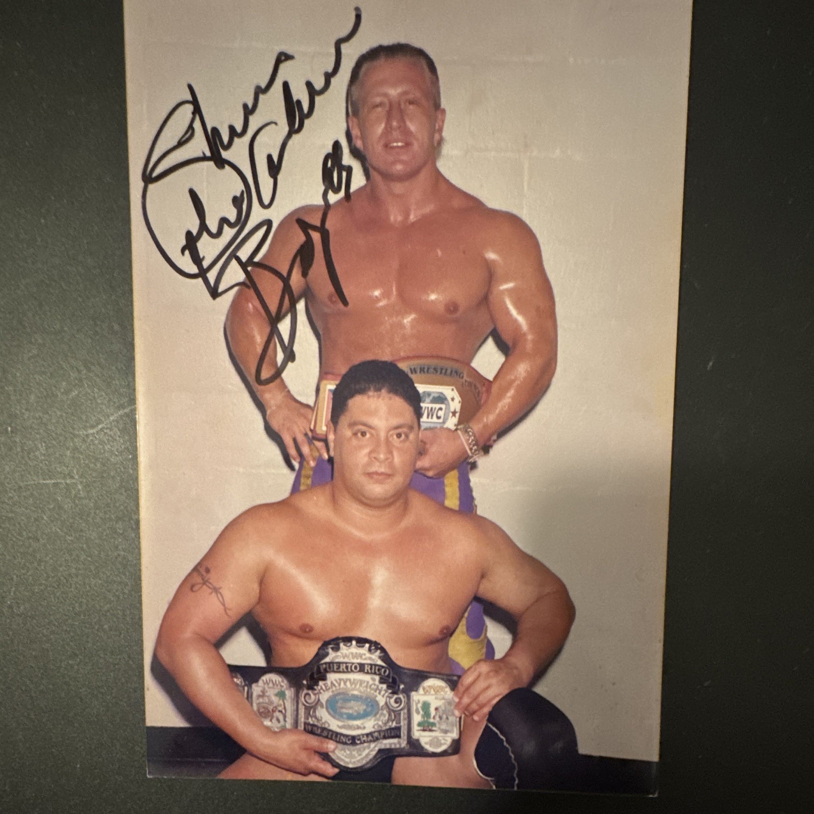 Autographed Wrestling Photo Print w/ Championship Belts on Kodak Royal Paper