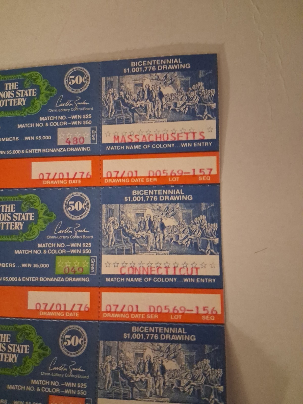 4 Bi-Centennial Paper Illinois Lottery Tickets – issued 1976 Uncut Americana