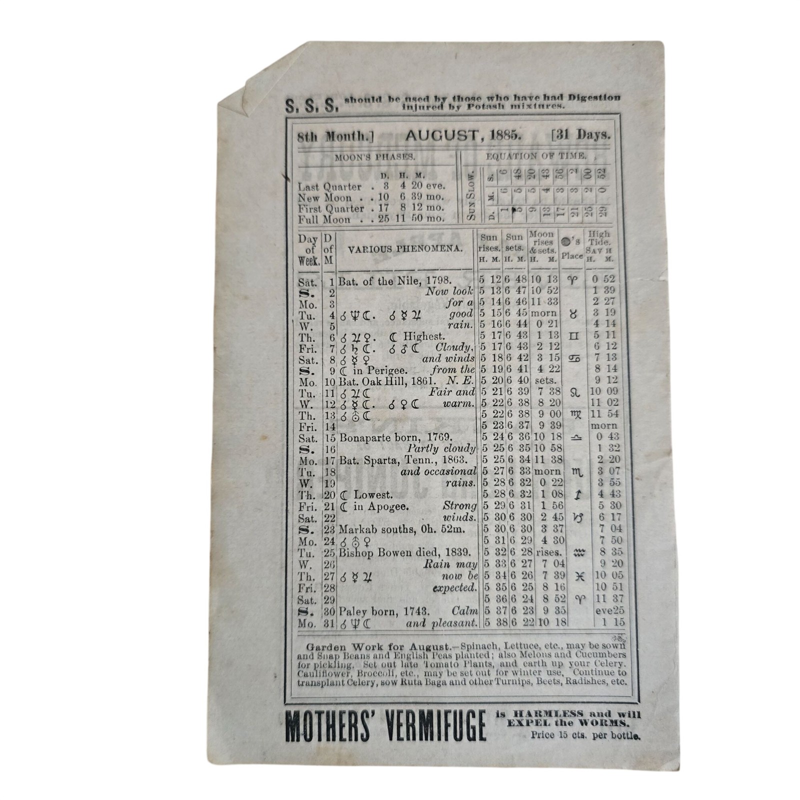 Antique 1885 Patent Medicine Advertising Lot Victorian Ephemera S.S.S Almanac