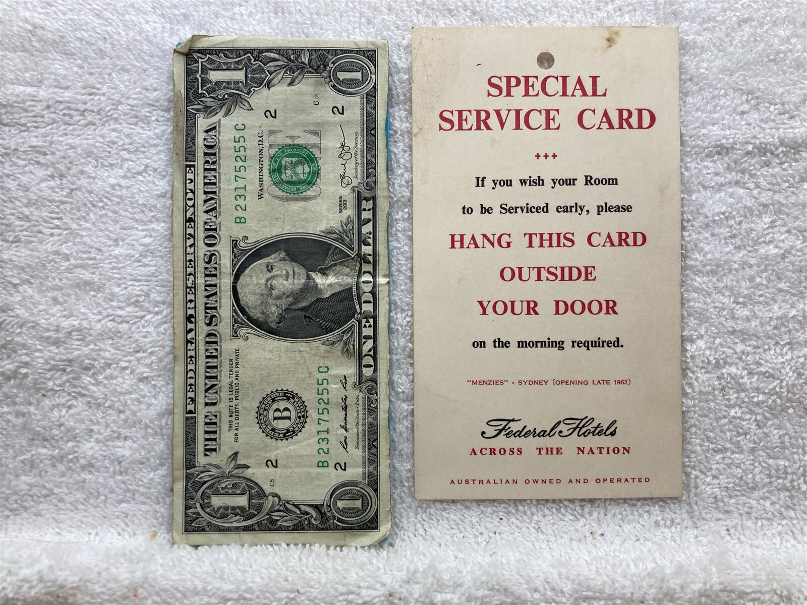 1960’s Federal Hotels Australia Door Card Room Service Vtg