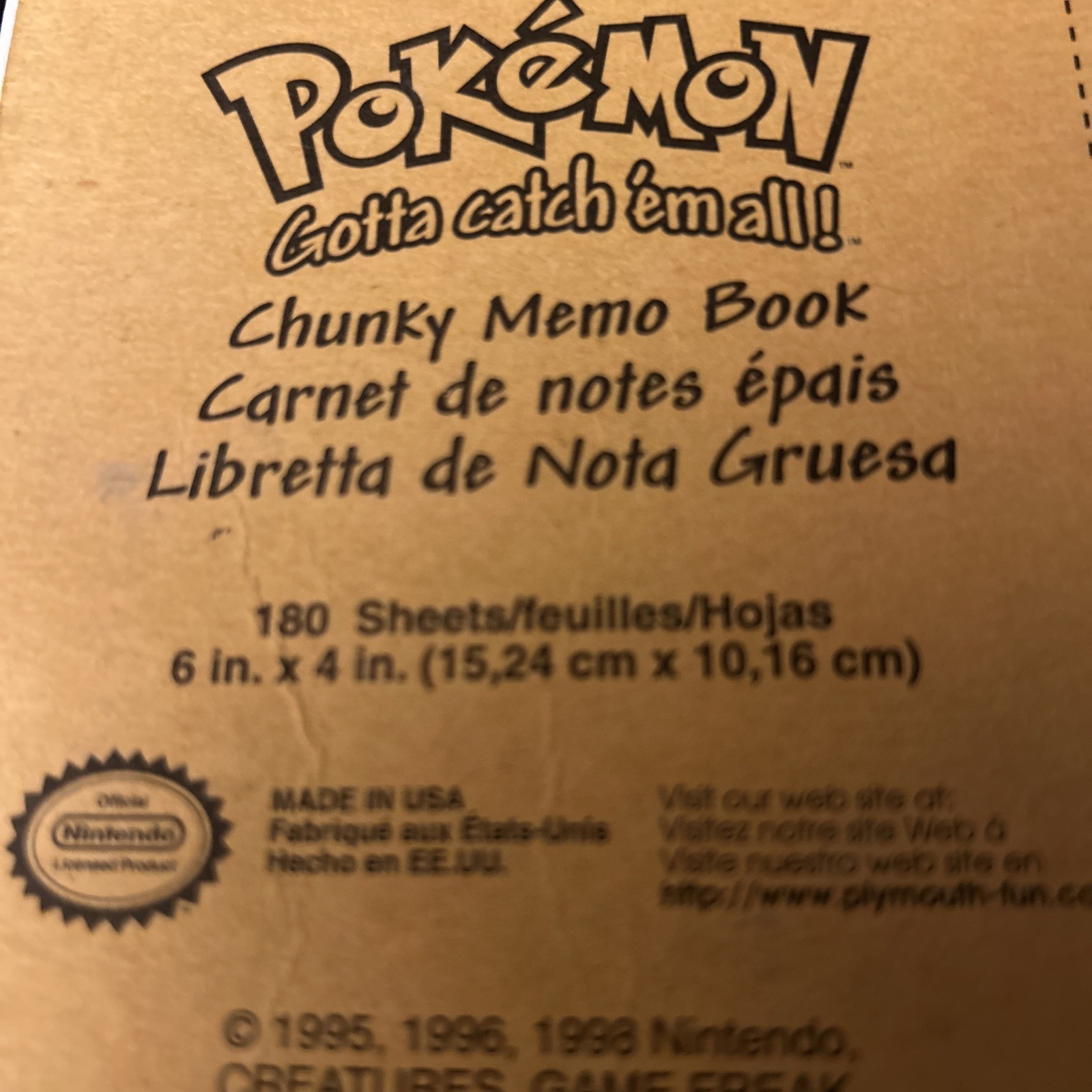 Pikachu Chunky Memo Book Pokemon Gotta Catch em All 1999. 6 In X 4 In