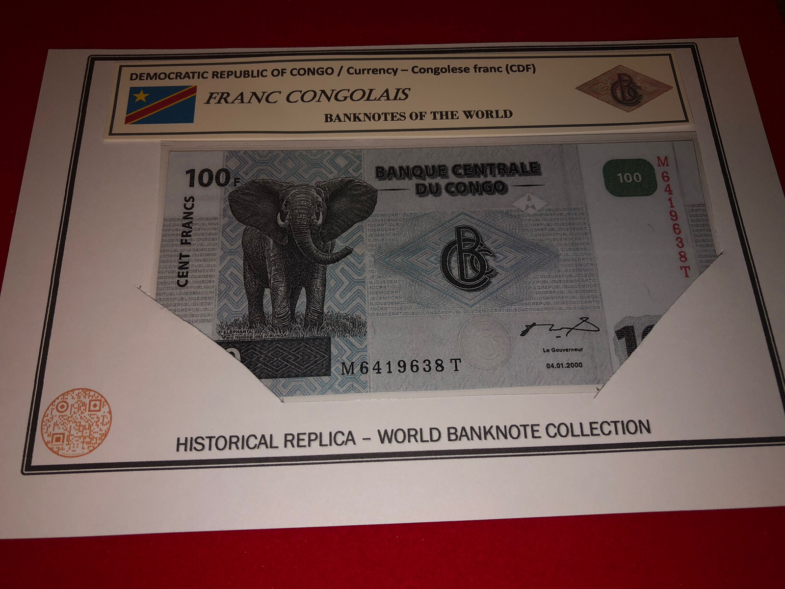 DEMOCRATIC REPUBLIC OF CONGO / LAMMINATED HISTORICAL REPLICA SOUVENIR NOTE PRINT