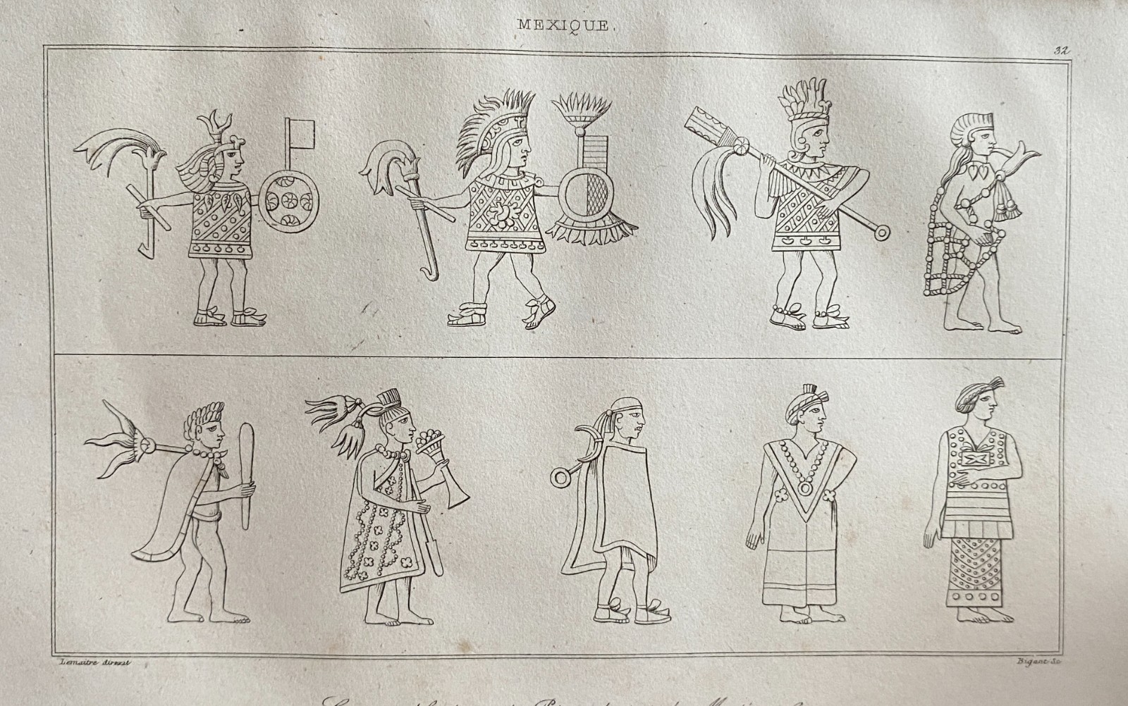 Engraving Mexico Costumes From Montezuma Time 19th Century 1 Page