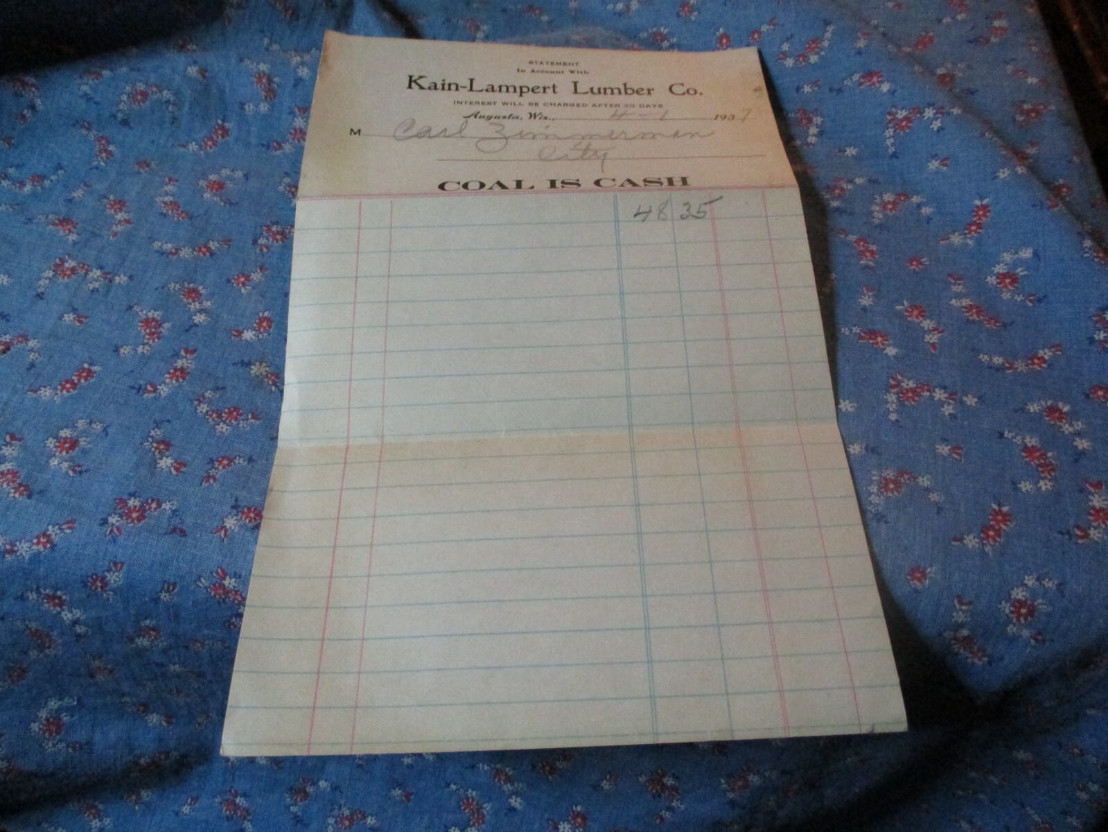 Kain-Lampert Lumber Co. Augusta Wis 1937 Statement
