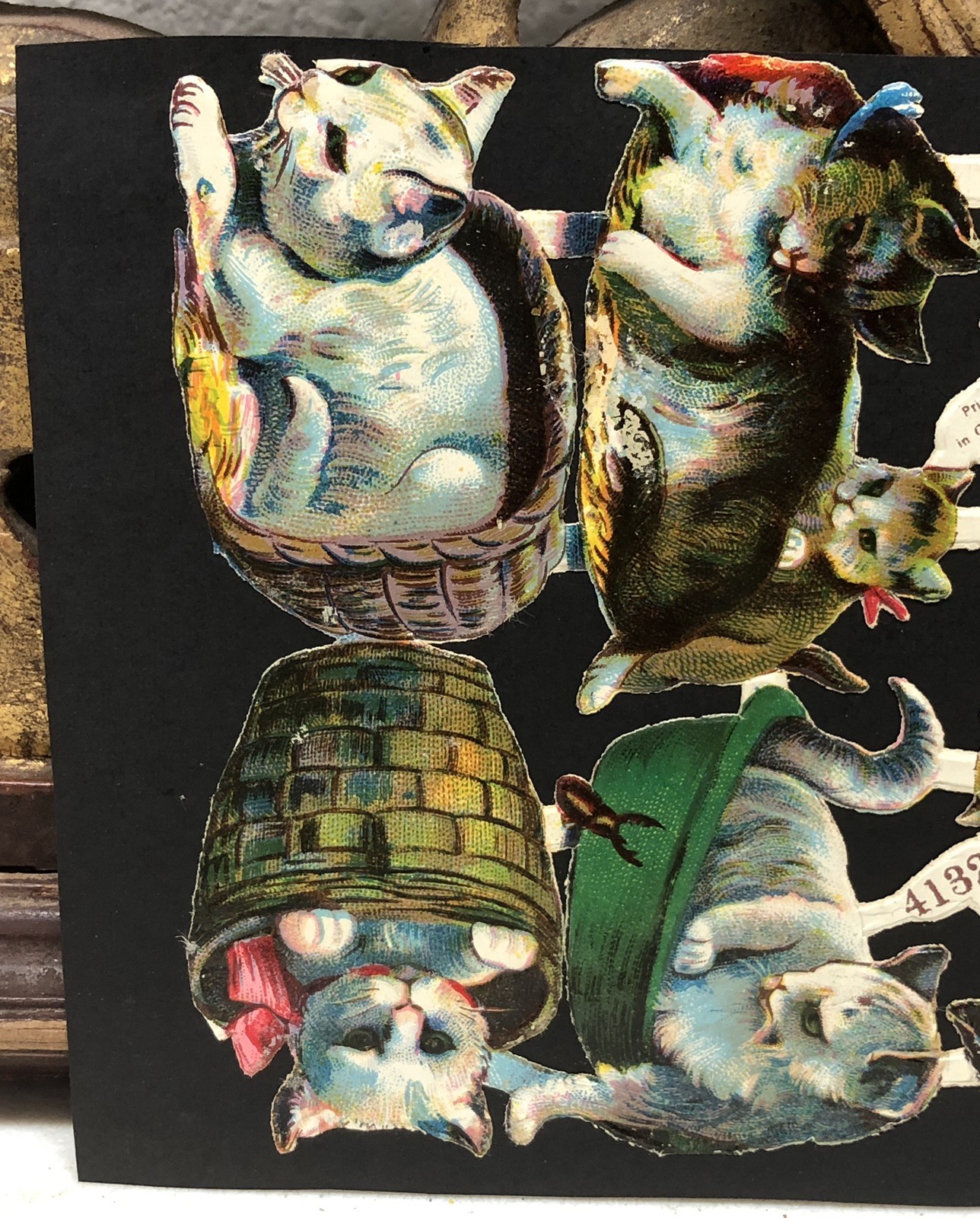 Black Cats & Cats in Basket Die Cut Scraps Glued on Paper Double Sided L4