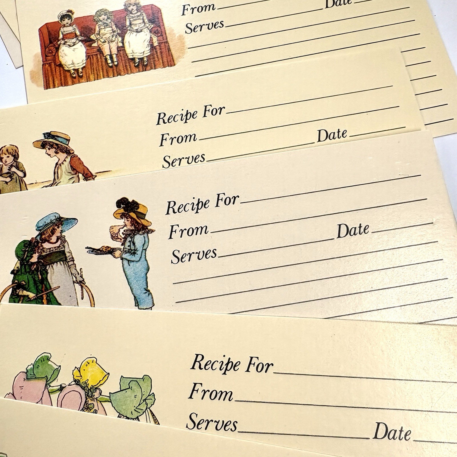 Vtg Recipe Cards Lot 10 pcs Lined Index Size Little Old Fashioned Girls Bonnets