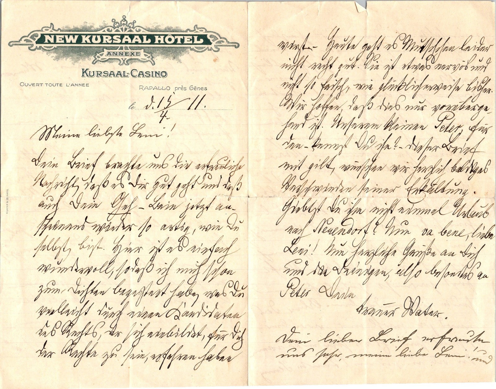 1904 Handwritten Letter New Kursaal Hotel Rapallo Italy to Leni Kurrent Script