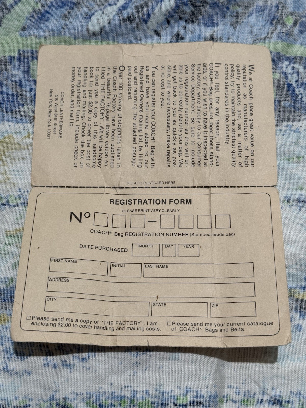 Vintage 1978 Coach Leatherware Paperwork Catalog Registration Muslin Bag 1970s