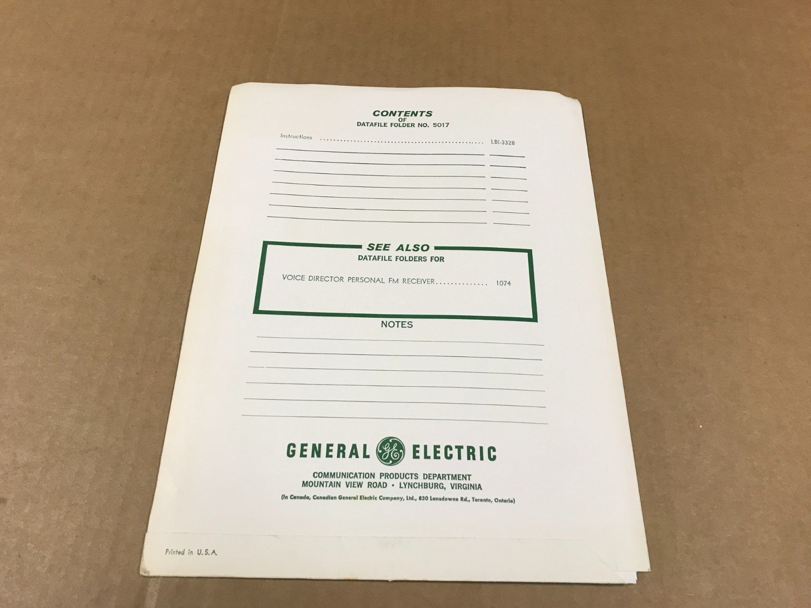 VTG GE Datafile Tone Selector EA-15-A For Personal Progress Line – Folder 5017