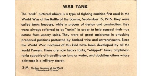 1920s-30s Modern Wonders Card War Tank WWI Tech Lithograph 2-M Military Card